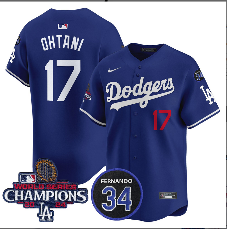 Men MLB Los Angeles Dodgers #17 Ohtani blue 2024 World Series Champions Patch Limited Jersey style 2